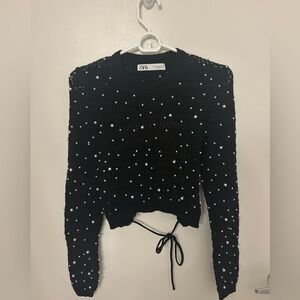 Zara Black Women's Knit Sweater with Pearl Detailing